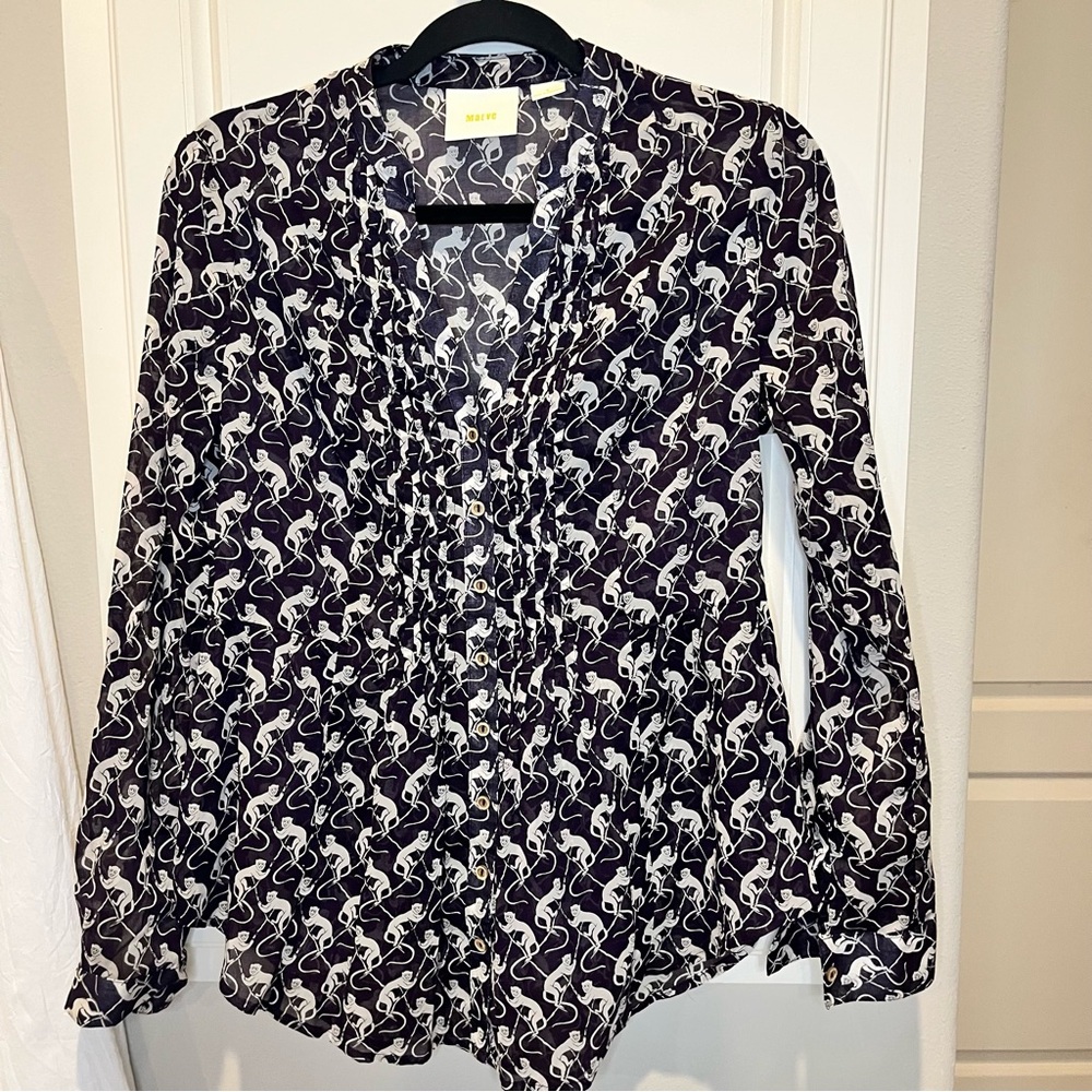 Anthropologie Maeve Popover Monkey Print Blouse Eggplant Purple & Beige 2 Womens